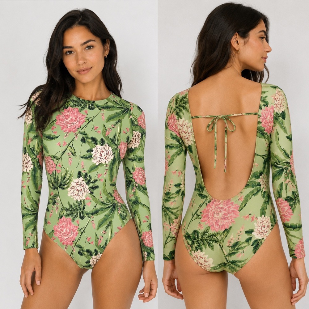 Agua Bendita x Target Swimsuit Green Pink Peony Long Sleeve Open‎ Back L